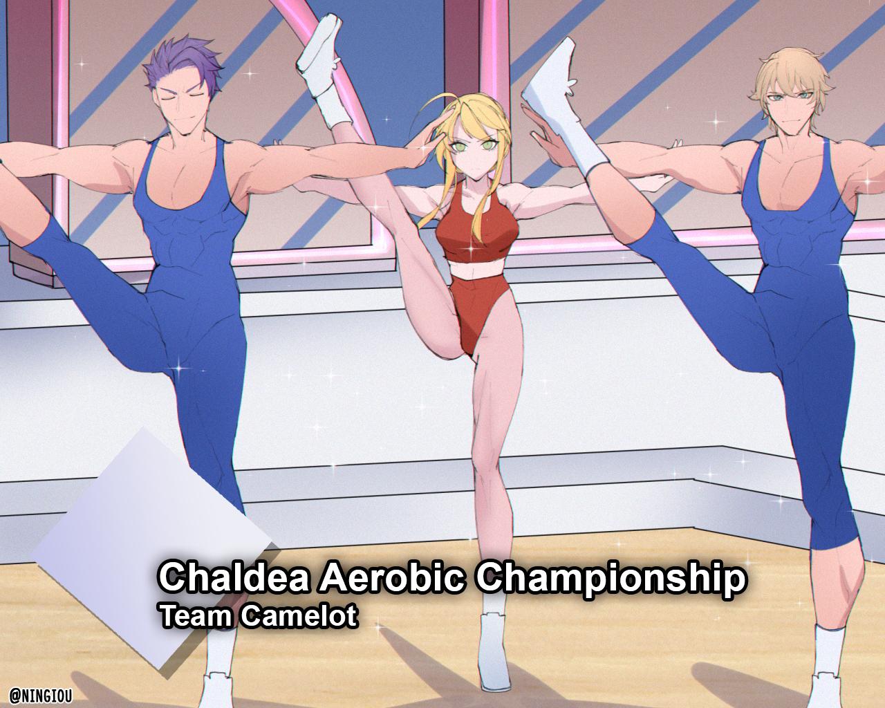1girl, 2boys, aerobics, artoria_pendragon_(all), artoria_pendragon_(lancer), blonde_hair, crystal_light_national_aerobic_championship, english_text