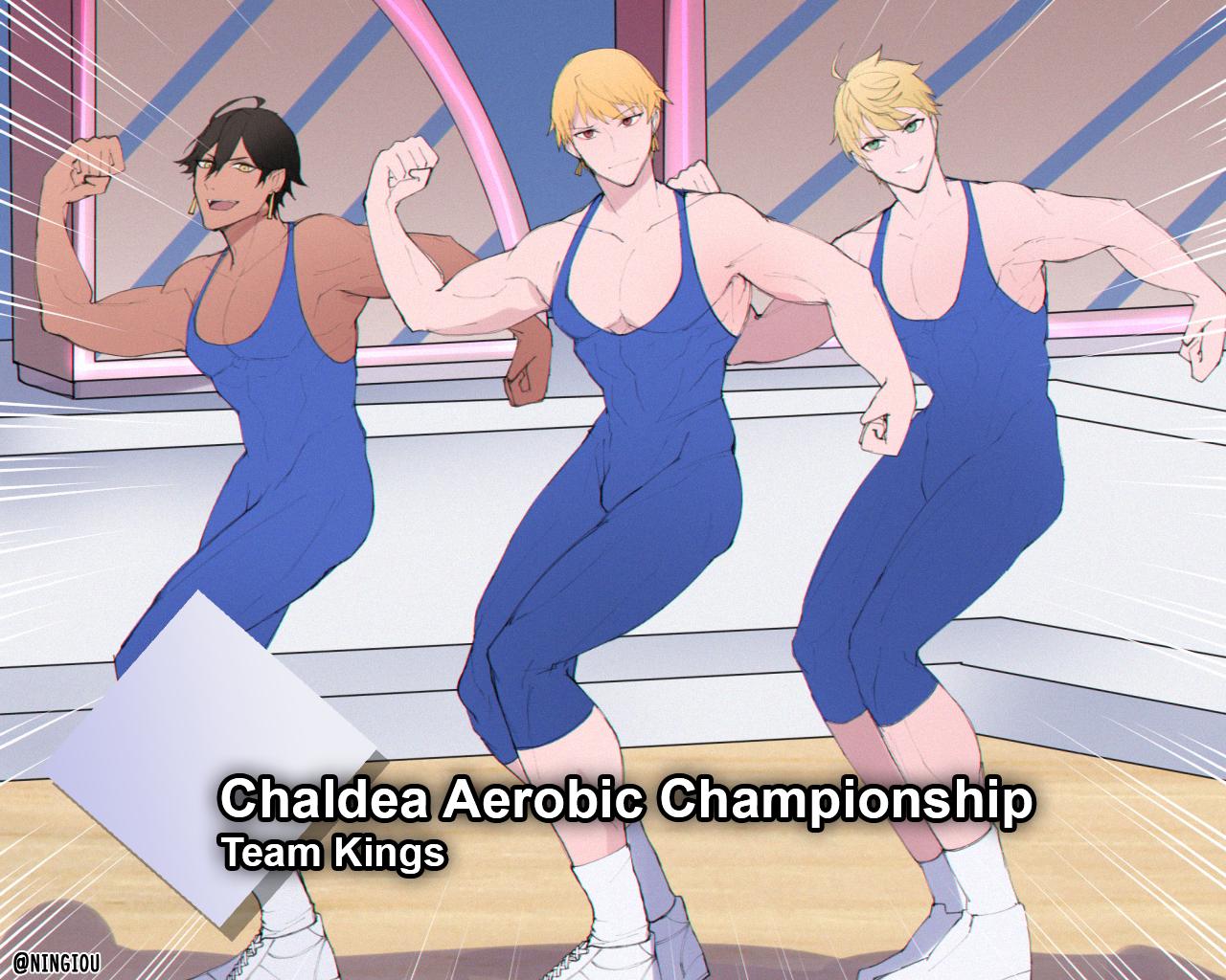 3boys, aerobics, ahoge, arthur_pendragon_(fate), black_hair, blonde_hair, crystal_light_national_aerobic_championship, dark_skin
