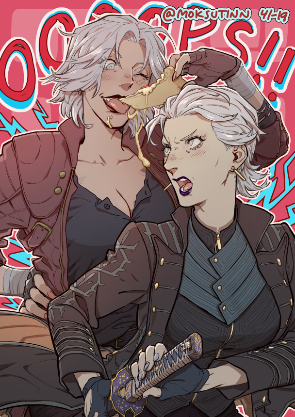 !!, 2girls, bandage, bandaged_arm, bandages, black_coat, black_lips, blue_gloves