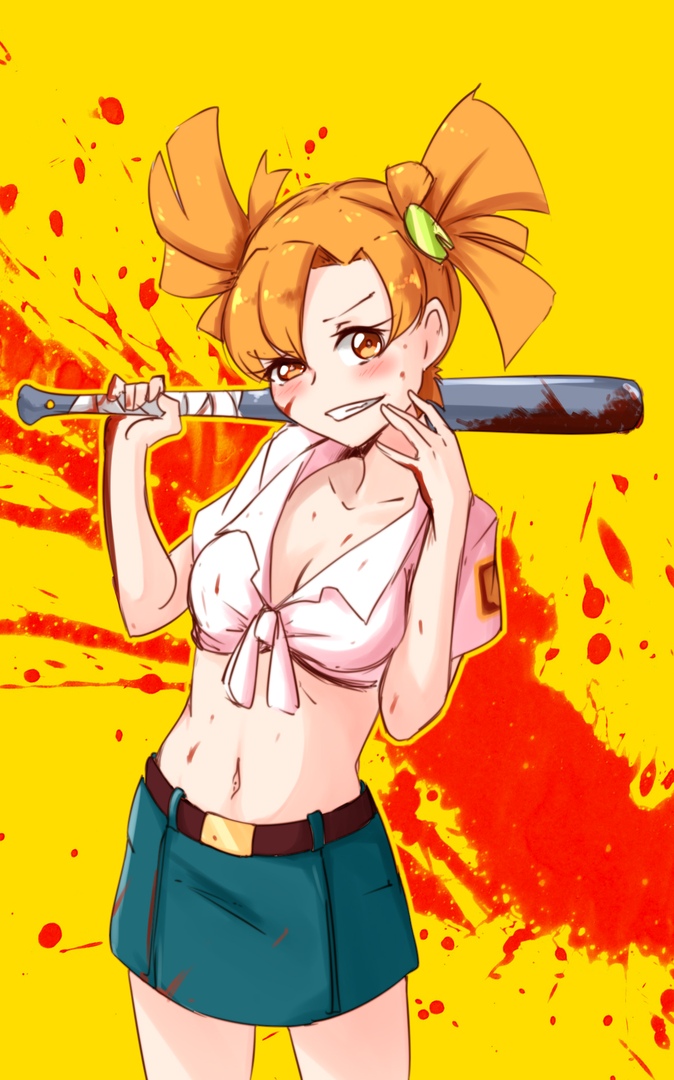 1girl, baseball_bat, belt, blood, breasts, collarbone, deredereday, everlasting_summer