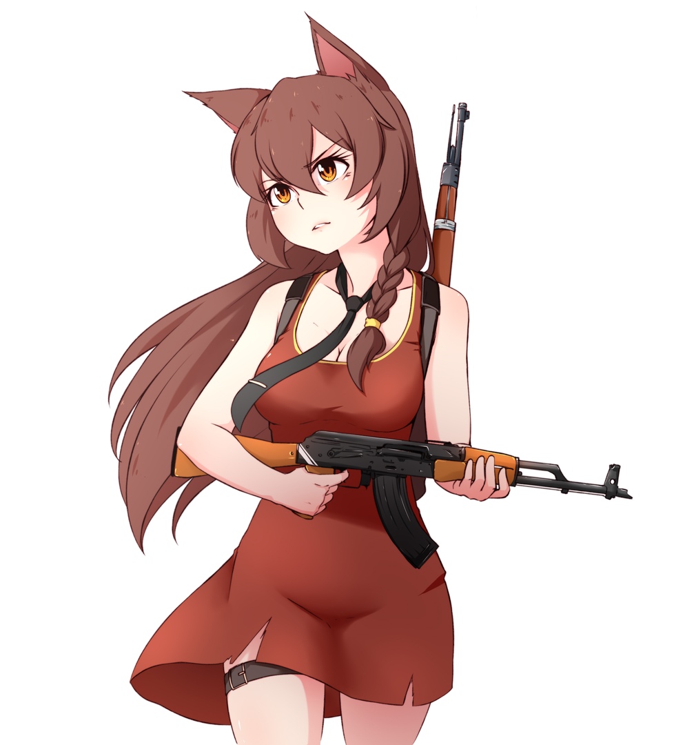 1girl, 2ch.ru, akm, animal_ears, assault_rifle, backpack, bag, bandage