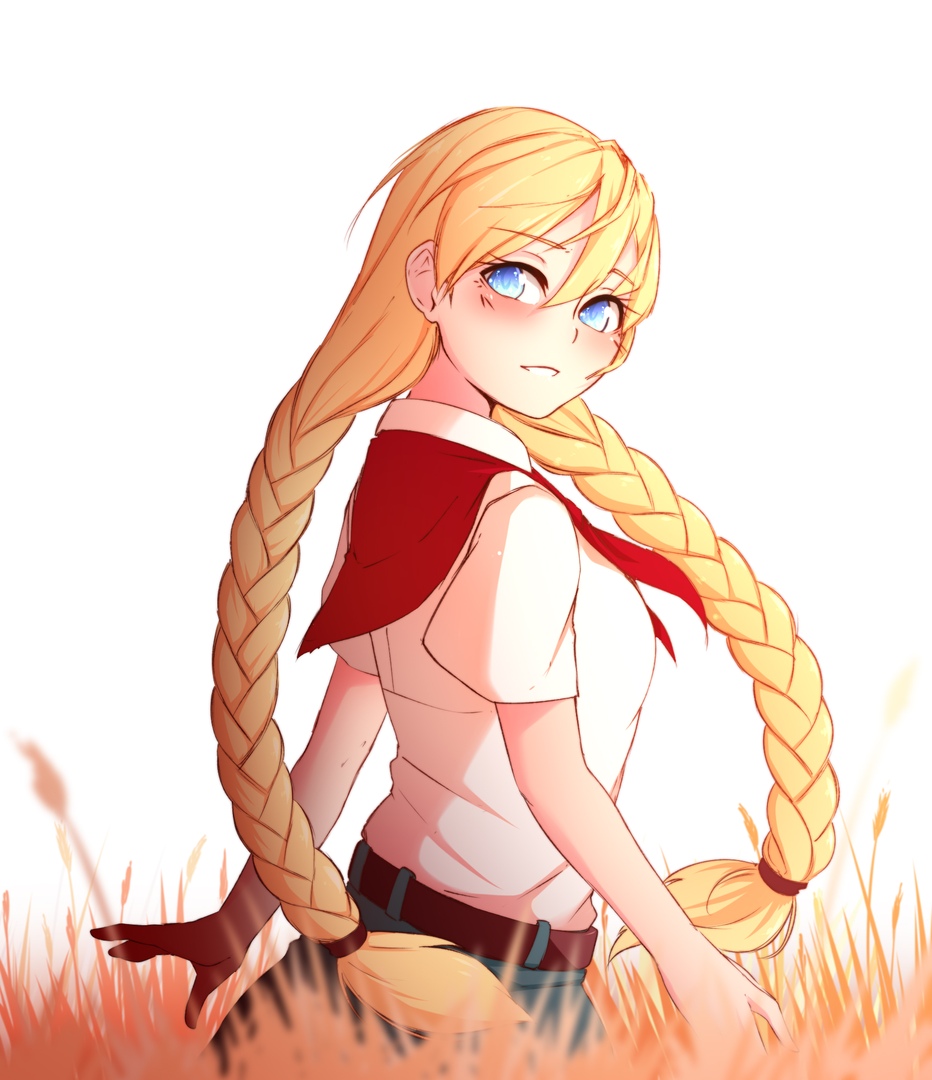 1girl, blonde_hair, blue_eyes, blush, braid, breasts, deredereday, everlasting_summer