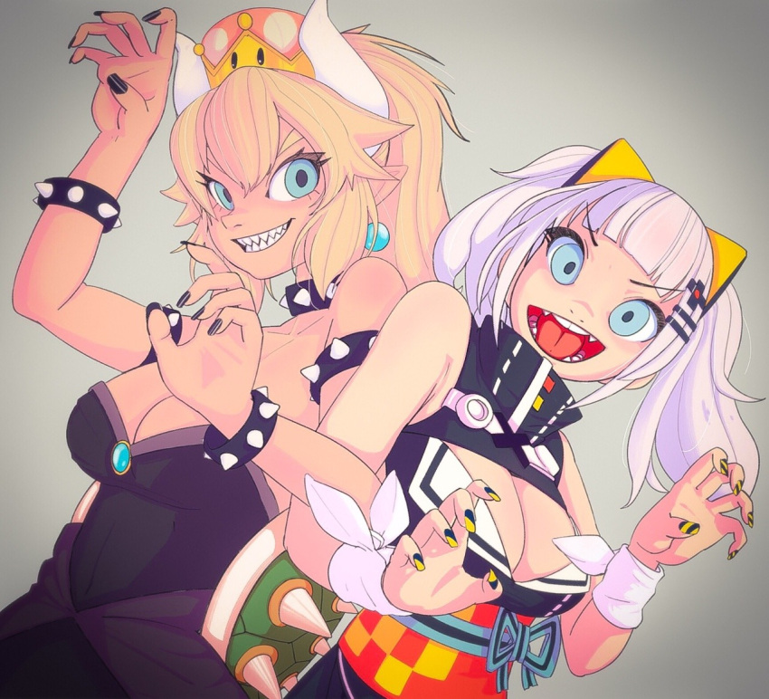 2girls, aqua_eyes, bangs, bare_shoulders, black_collar, black_dress, black_nails, blonde_hair