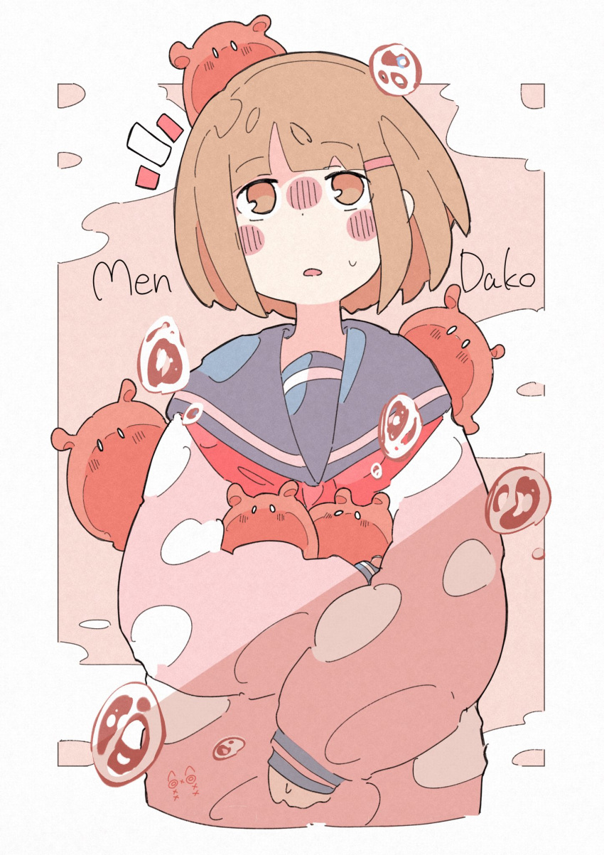 1girl, bangs, blue_sailor_collar, blush, brown_eyes, brown_hair, bubble, cropped_torso