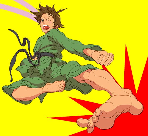 brown_hair, capcom, dougi, feet, kick, kicking, makoto, pov_feet