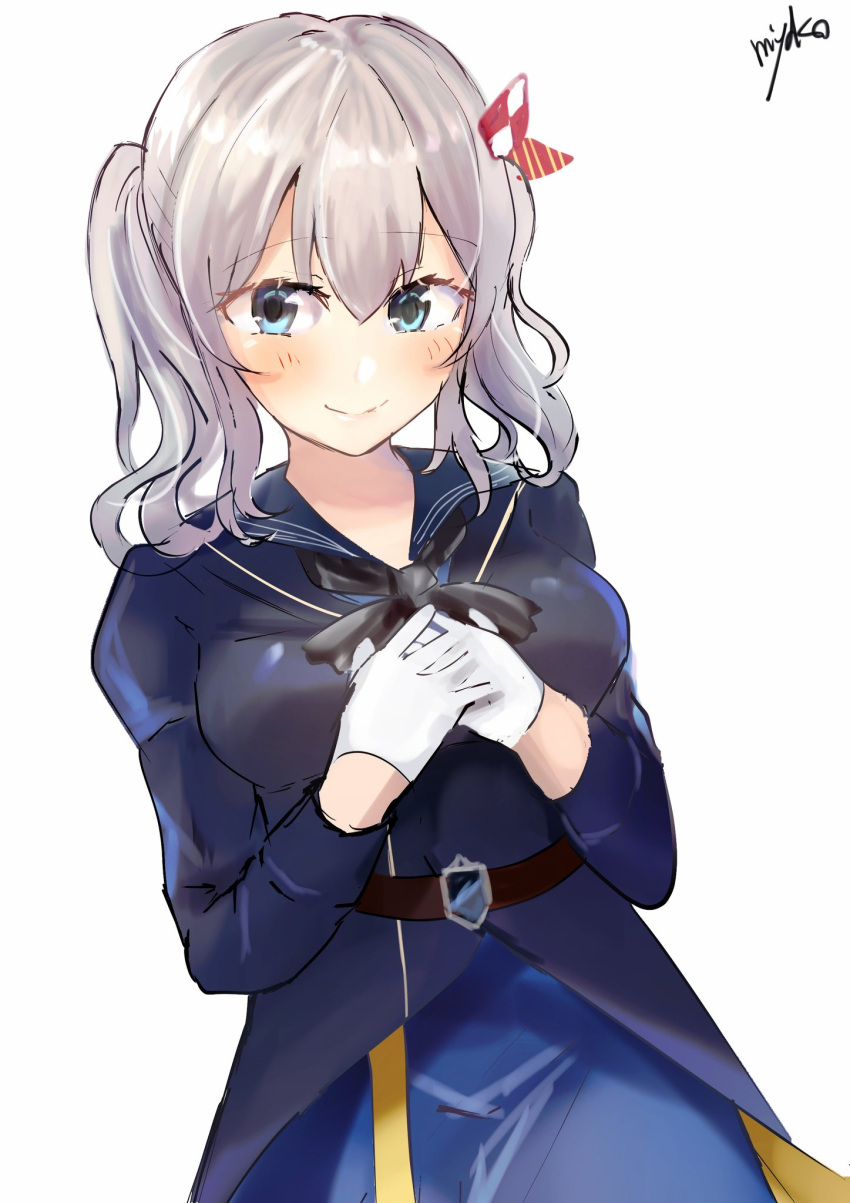 1girl, belt, black_neckwear, blue_eyes, blue_sailor_collar, blue_skirt, cosplay, dutch_angle