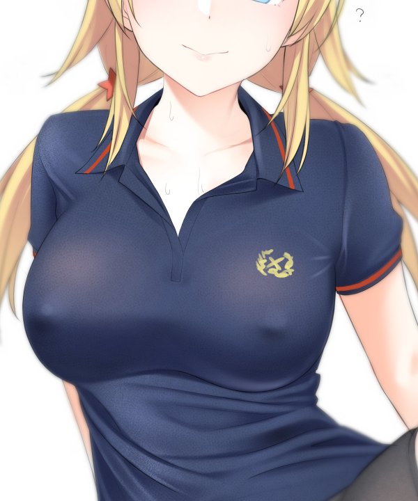 1girl, ?, bangs, black_shirt, blonde_hair, collarbone, erect_nipples, hachimiya_meguru