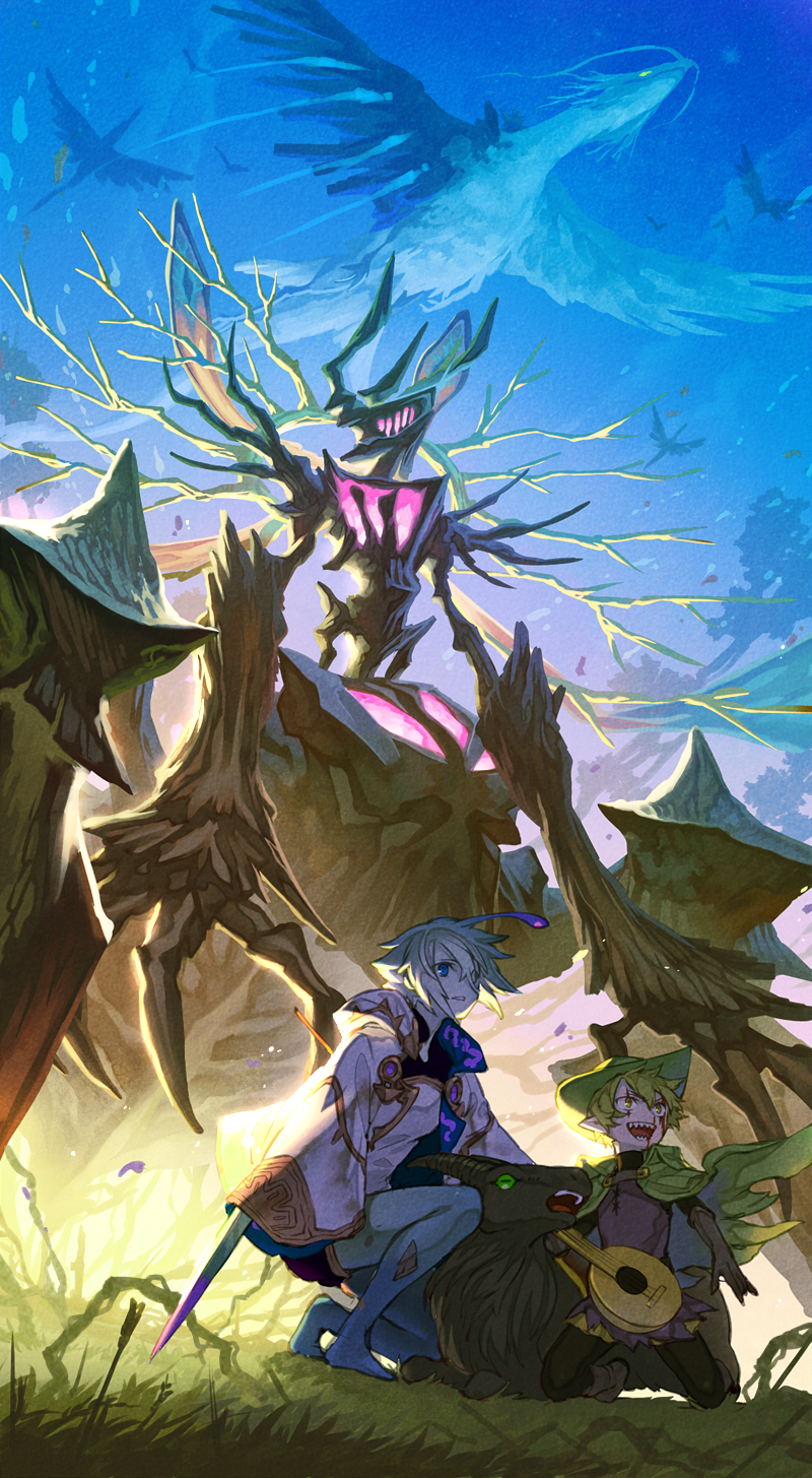 2boys, antennae, barefoot, blue_eyes, blue_sky, brown_eyes, brown_footwear, brown_gloves, cape, dragon, gloves, goat, grass, green_cape, green_eyes, green_headwear, highres, instrument, kneeling, long_sleeves, looking_to_the_side, lute_(instrument), monster, multiple_boys, pixiv_fantasia, pixiv_fantasia_last_saga, planted_arrow, sharp_teeth, sky, squatting, teeth, thuluth, twilight, yuzu_shio