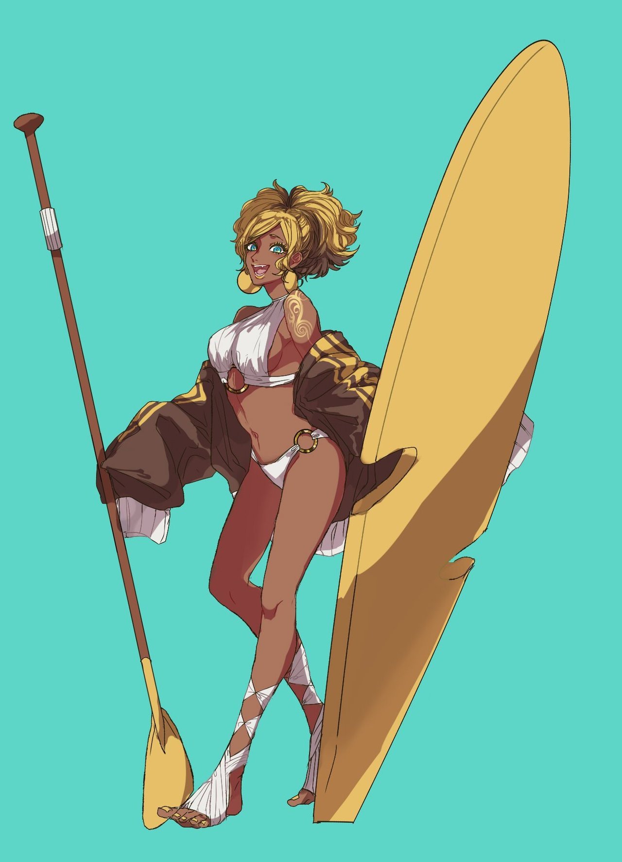 1girl, :d, alolan_raichu, aqua_background, artist_request, bangs, barefoot, black_jacket, blonde_hair, blue_eyes, breasts, creatures_(company), dark_skin, earrings, full_body, game_freak, ganguro, hair_up, highres, holding, holding_oar, jacket, jewelry, lipstick, looking_at_viewer, makeup, medium_breasts, medium_hair, nail_polish, navel, nintendo, o-ring, oar, off_shoulder, open_mouth, parted_bangs, personification, pokemon, pokemon_(game), pokemon_sm, sideboob, smile, solo, standing, surfboard, tattoo, yellow_earrings, yellow_nails