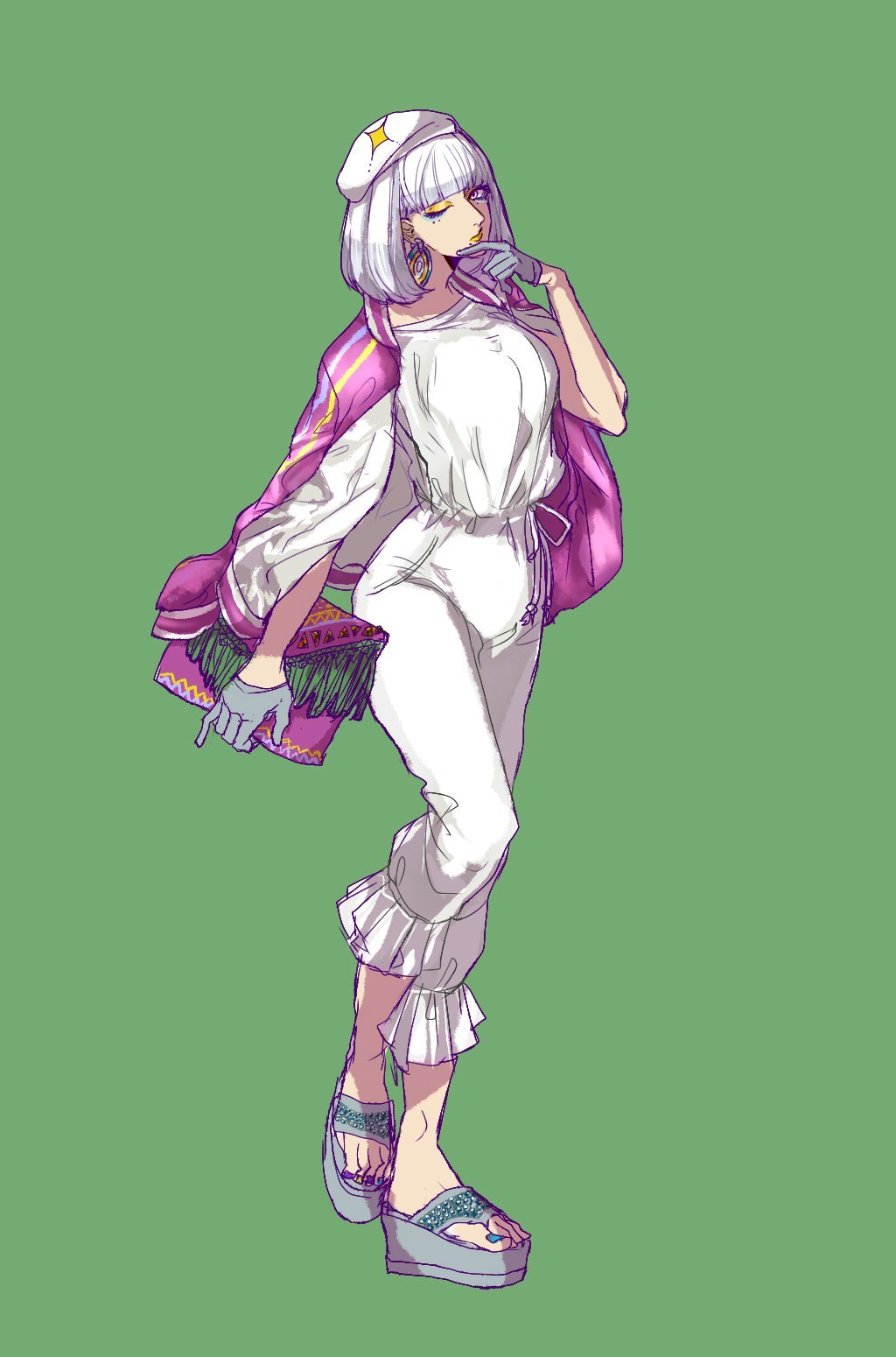 1girl, ;), aqua_nails, bag, bangs, blunt_bangs, creatures_(company), earrings