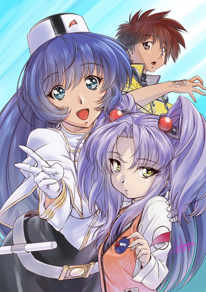 1boy, 2girls, :d, black_skirt, blue_background, blue_eyes, blue_hair, brown_eyes
