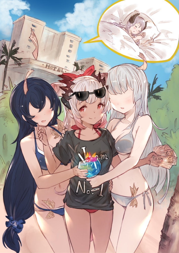 4girls, alternate_color, april_fools, arm_wrap, beach, between_breasts, bikini, black_shirt
