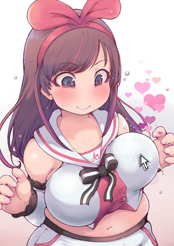 1girl, a.i._channel, aqua_eyes, arm_warmers, bangs, bare_shoulders, belly, blush