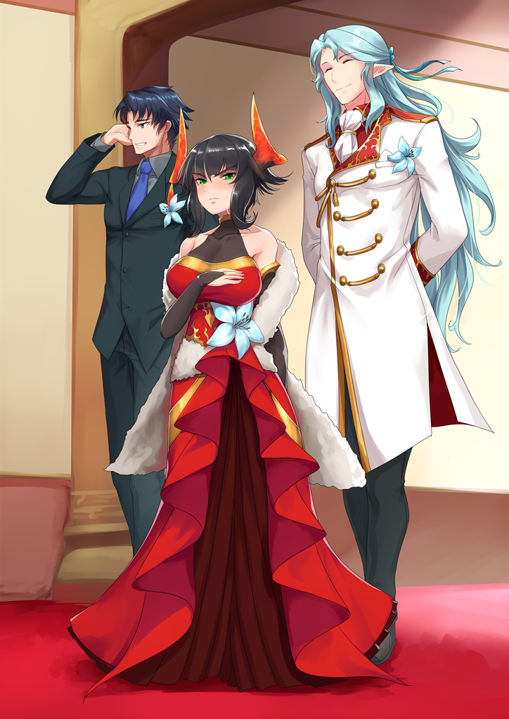 1girl, 2boys, arms_behind_back, bare_shoulders, black_pants, black_suit, blue_neckwear, breasts, bridal_gauntlets, closed_eyes, dress, elf, erio_toujo, flower, formal, fur_trim, green_eyes, hand_up, indoors, large_breasts, light_blue_hair, long_hair, long_sleeves, lord_zeruforuto, multiple_boys, necktie, pants, pixiv_fantasia, pixiv_fantasia_last_saga, pointy_ears, red_carpet, red_dress, sasebono_mari, smile, standing, suit, very_long_hair, white_legwear