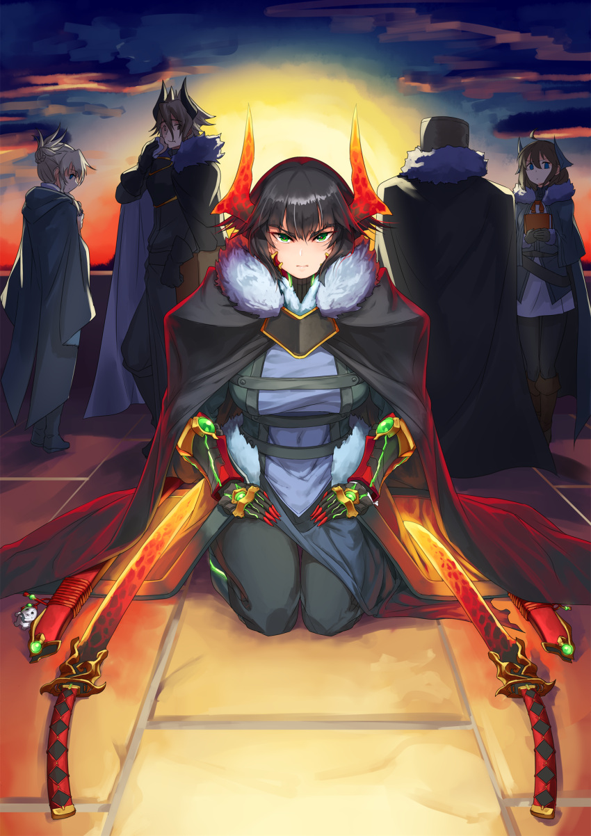 2boys, 3girls, black_gloves, black_hair, blue_eyes, book, brown_hair, cape, eating, erio_toujo, fur_trim, gloves, green_eyes, grey_hair, helmet, highres, holding, holding_book, hood, hood_down, horns, katana, kneeling, looking_at_viewer, multiple_boys, multiple_girls, pixiv_fantasia, pixiv_fantasia_last_saga, red_pupils, robe, sasebono_mari, serious, sidelocks, sunset, sword, weapon