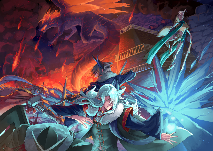 armor, battle, blood, blue_eyes, building, closed_eyes, der_vasa_rau, dragon