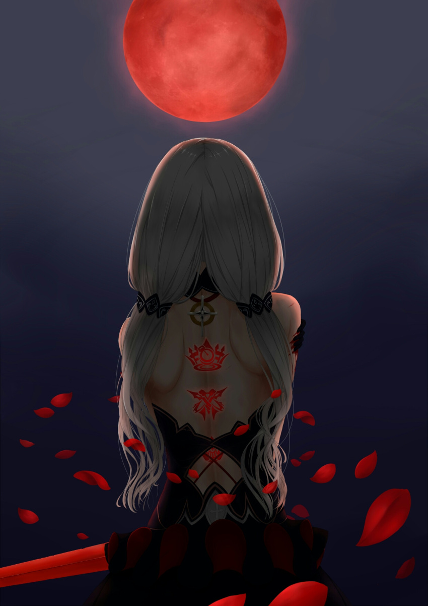 1girl, bare_shoulders, cross, dress, flamenco_dress, from_behind, full_moon, hair_ornament