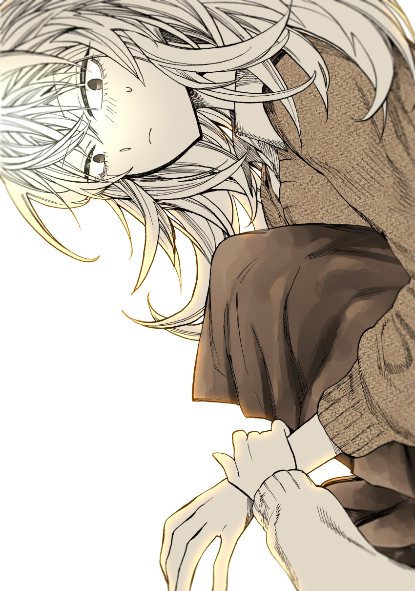 2girls, absurdres, highres, holding_another's_arm, long_hair, long_skirt, minoda_(mndh), monochrome, multiple_girls, original, pleated_skirt, simple_background, skirt, sweat, sweatdrop, sweater