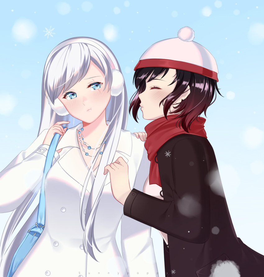 2girls, alternate_hairstyle, bag, black_coat, black_hair, blue_background, blue_eyes, blush