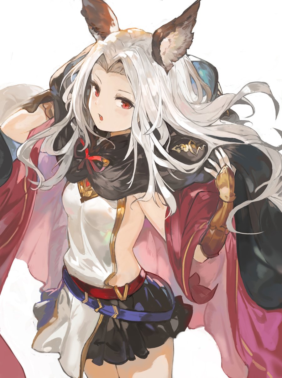 1girl, andrian_gilang, animal_ears, arms_up, black_skirt, breasts, cat_ears, cloak, cowboy_shot, erune, granblue_fantasy, hair_intakes, highres, hood, hood_down, hooded_cloak, long_hair, looking_at_viewer, medium_breasts, medium_hair, open_mouth, red_eyes, scathacha_(granblue_fantasy), sideboob, silver_hair, simple_background, skirt, solo, vambraces, white_background