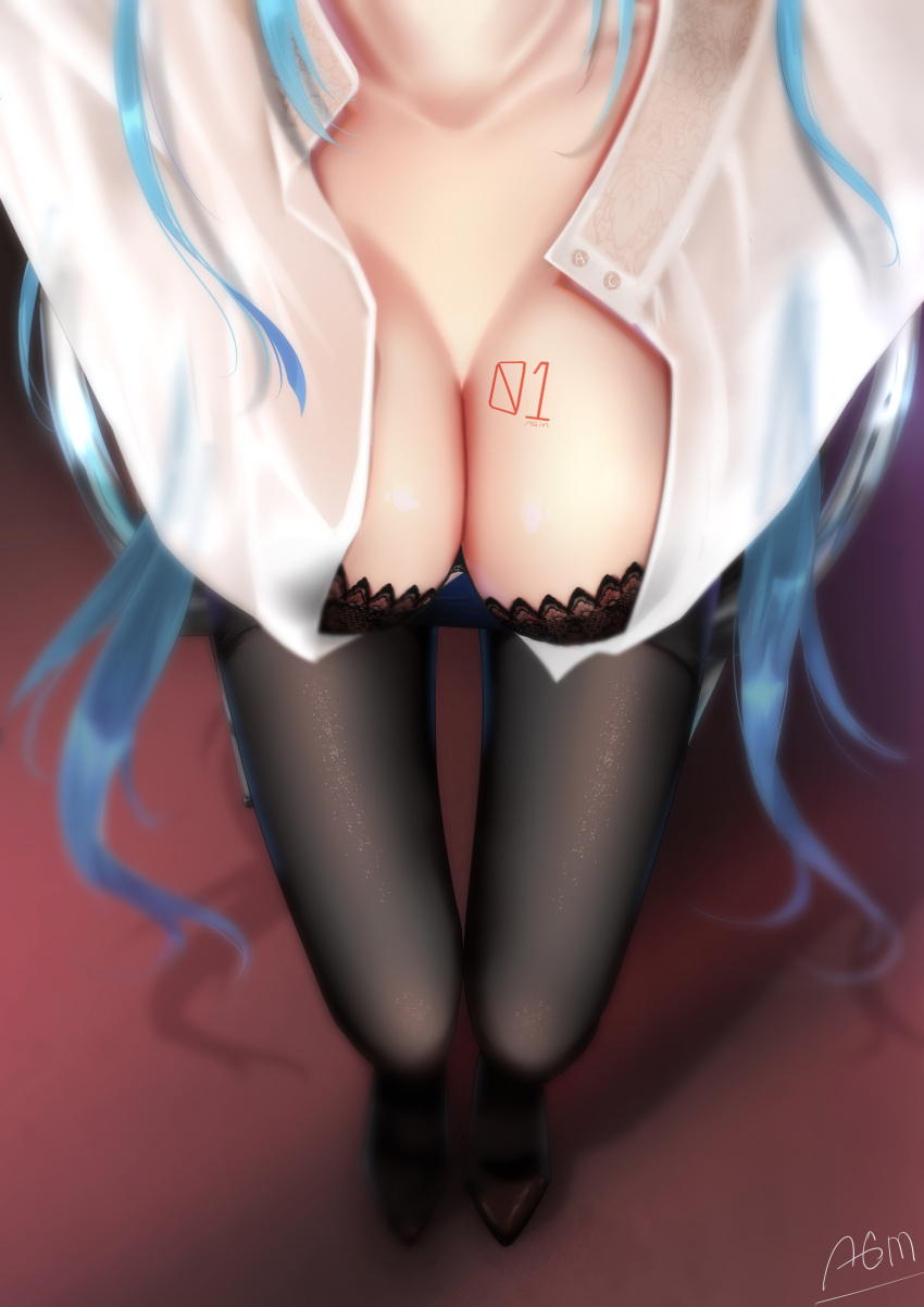 1girl, absurdres, aqua_hair, black_bra, black_legwear, bra, breasts, cleavage
