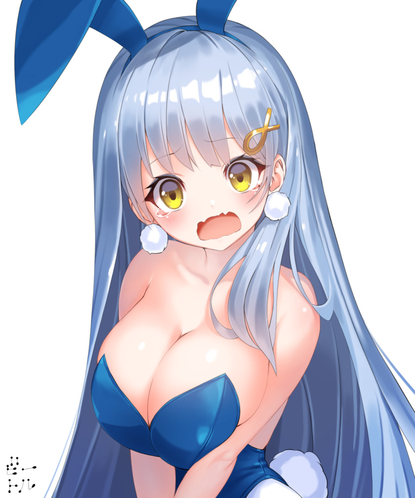 1girl, animal_ears, bare_shoulders, bettle_(b_s_a_n), blue_hair, breast_hold, breasts, bunny_girl