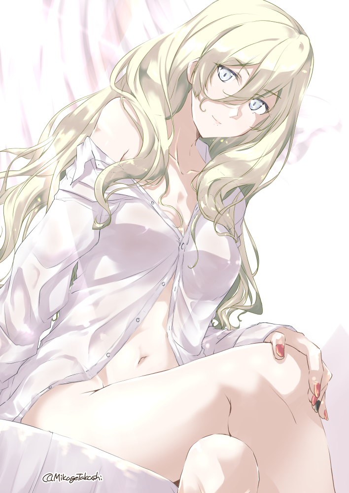 1girl, blonde_hair, bottomless, grey_eyes, kantai_collection, legs_crossed, long_hair, looking_at_viewer
