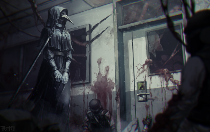 3boys, amemidori, black_gloves, blood, blood_on_wall, broken_glass, commentary_request, death