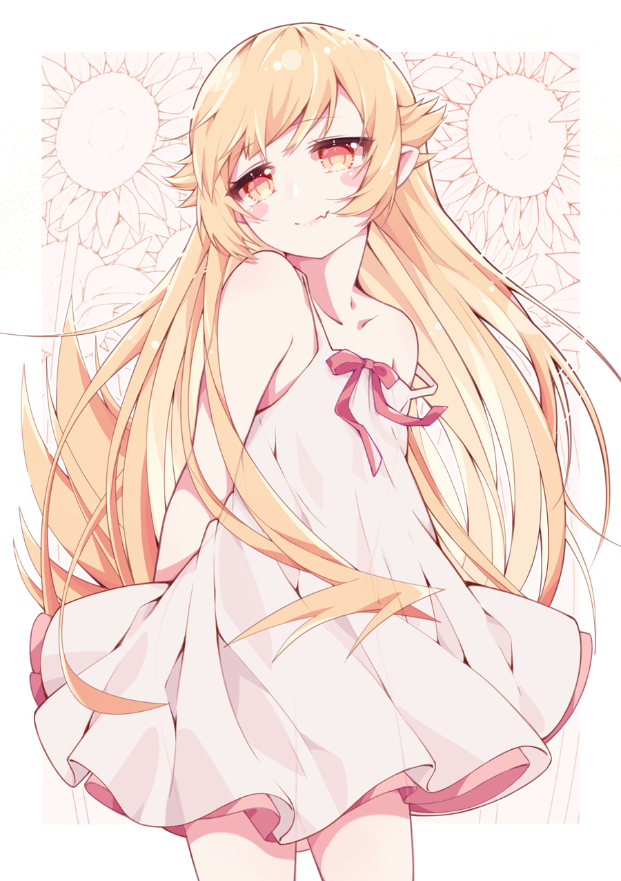 arms_behind_back, bakemonogatari, bare_shoulders, blonde_hair, blush_stickers, closed_mouth, collarbone, dress