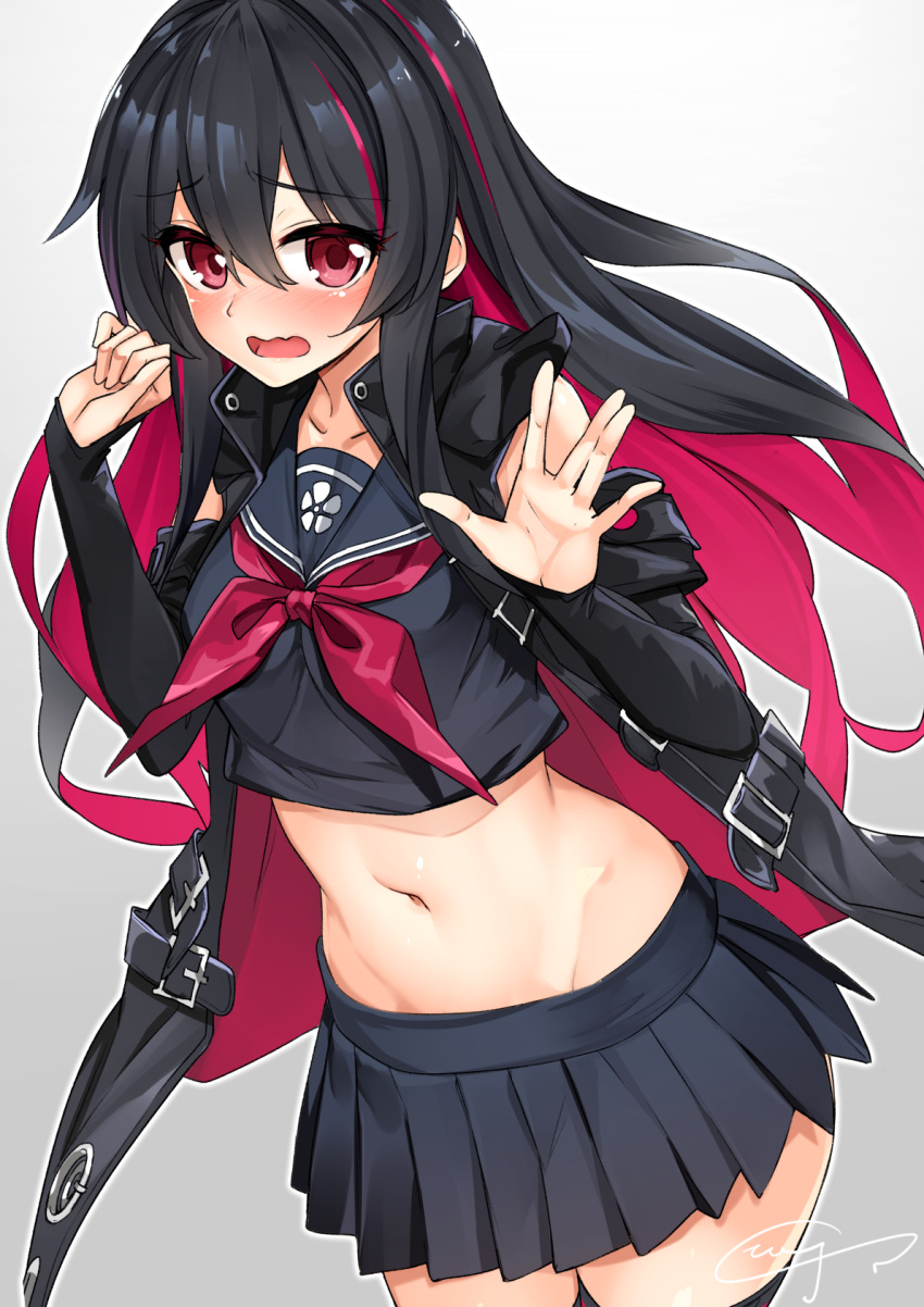 1girl, :o, arm_warmers, bangs, bare_shoulders, black_hair, black_jacket, black_legwear