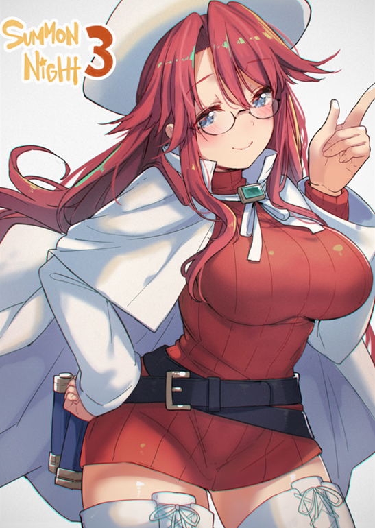 1girl, aty_(summon_night), belt, beret, blue_eyes, boots, breasts, cape