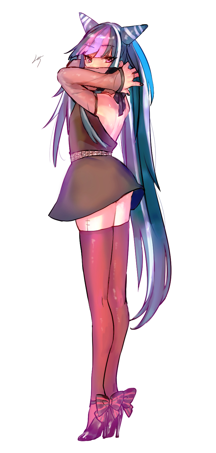 1girl, black_dress, black_hair, black_nails, blue_hair, boot_bow, commentary_request, dangan_ronpa