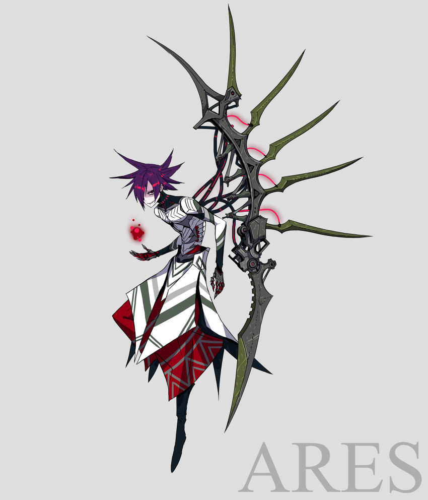 1boy, ares_(mythology), blade, cable, character_name, full_body, greek_mythology, grey_background, grin, hair_over_one_eye, highres, looking_at_viewer, magic, original, palow, purple_hair, red_eyes, smile, solo, spiky_hair