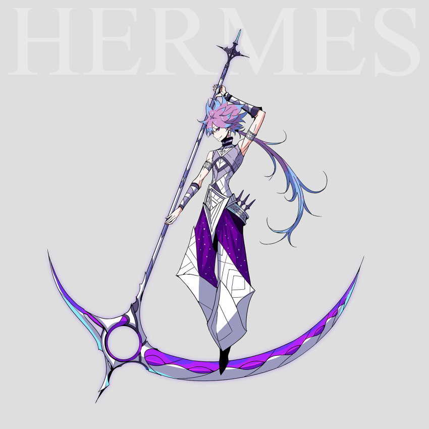 1boy, armlet, bare_shoulders, blue_hair, character_name, earrings, full_body, greek_mythology, grey_background, hermes_(mythology), highres, holding, holding_weapon, jewelry, looking_at_viewer, multicolored_hair, original, palow, pants, pink_eyes, ponytail, purple_hair, scythe, smile, solo, weapon