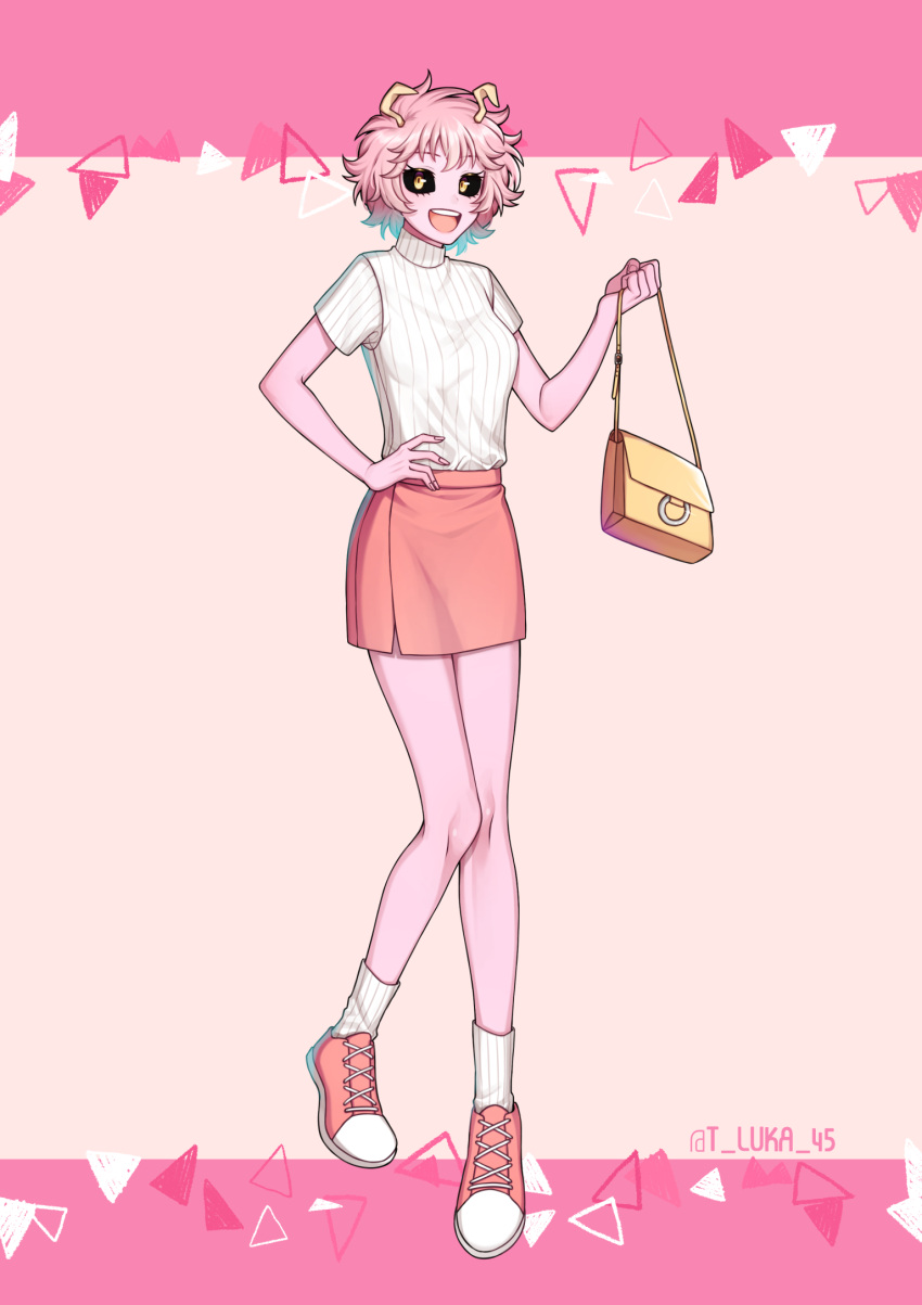 1girl, :d, ashido_mina, bag, bare_arms, bare_legs, black_sclera, boku_no_hero_academia