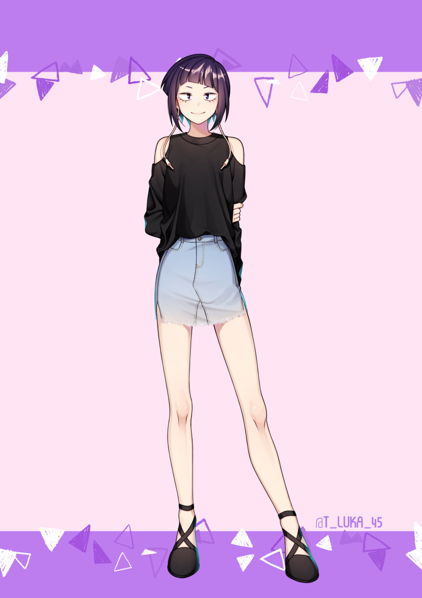 1girl, alternate_costume, arm_grab, arms_behind_back, bangs, bare_legs, bare_shoulders, black_eyes