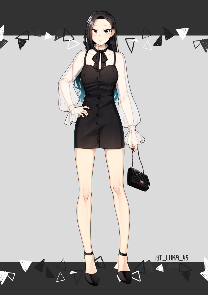 1girl, :o, alternate_costume, alternate_hairstyle, bare_legs, black_dress, black_eyes, black_footwear, black_hair, black_nails, black_neckwear, boku_no_hero_academia, breasts, collarbone, commentary_request, dress, highres, holding, large_breasts, long_hair, looking_at_viewer, lukapang, nail_polish, see-through, shoes, solo, yaoyorozu_momo