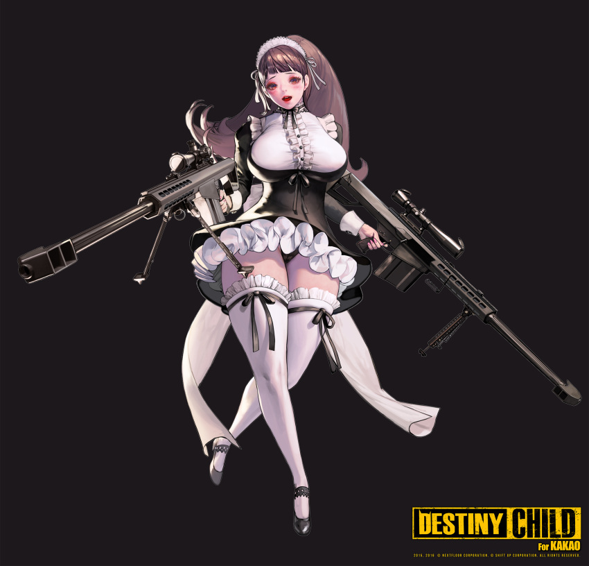 1girl, absurdres, black_background, destiny_child, full_body, gun, highres, hildr_(destiny_child), holding, holding_gun, holding_weapon, lips, long_hair, looking_at_viewer, maid, maid_headdress, nightmadness, official_art, open_mouth, rifle, shoes, simple_background, sniper_rifle, solo, standing, thick_thighs, thigh-highs, thighs, weapon, white_legwear