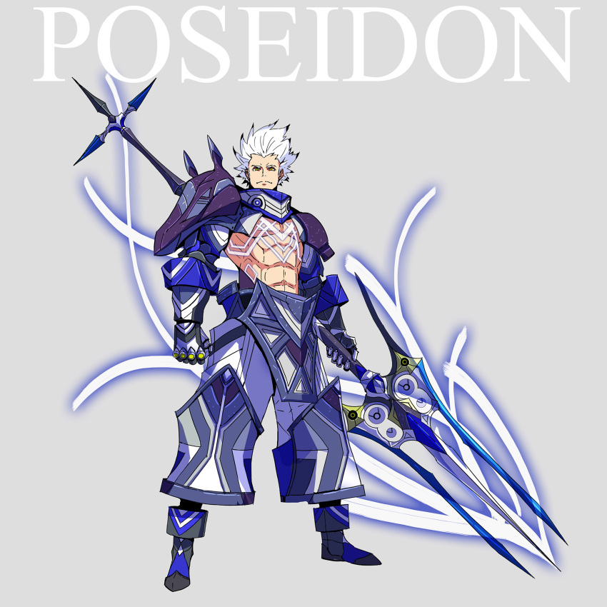 1boy, armor, bare_chest, character_name, chest_tattoo, full_body, gauntlets, glowing_tattoo, greek_mythology, grey_background, highres, looking_at_viewer, mecha_danshi, muscle, original, palow, pants, polearm, poseidon_(mythology), shoulder_armor, solo, tattoo, trident, weapon, white_hair, yellow_eyes