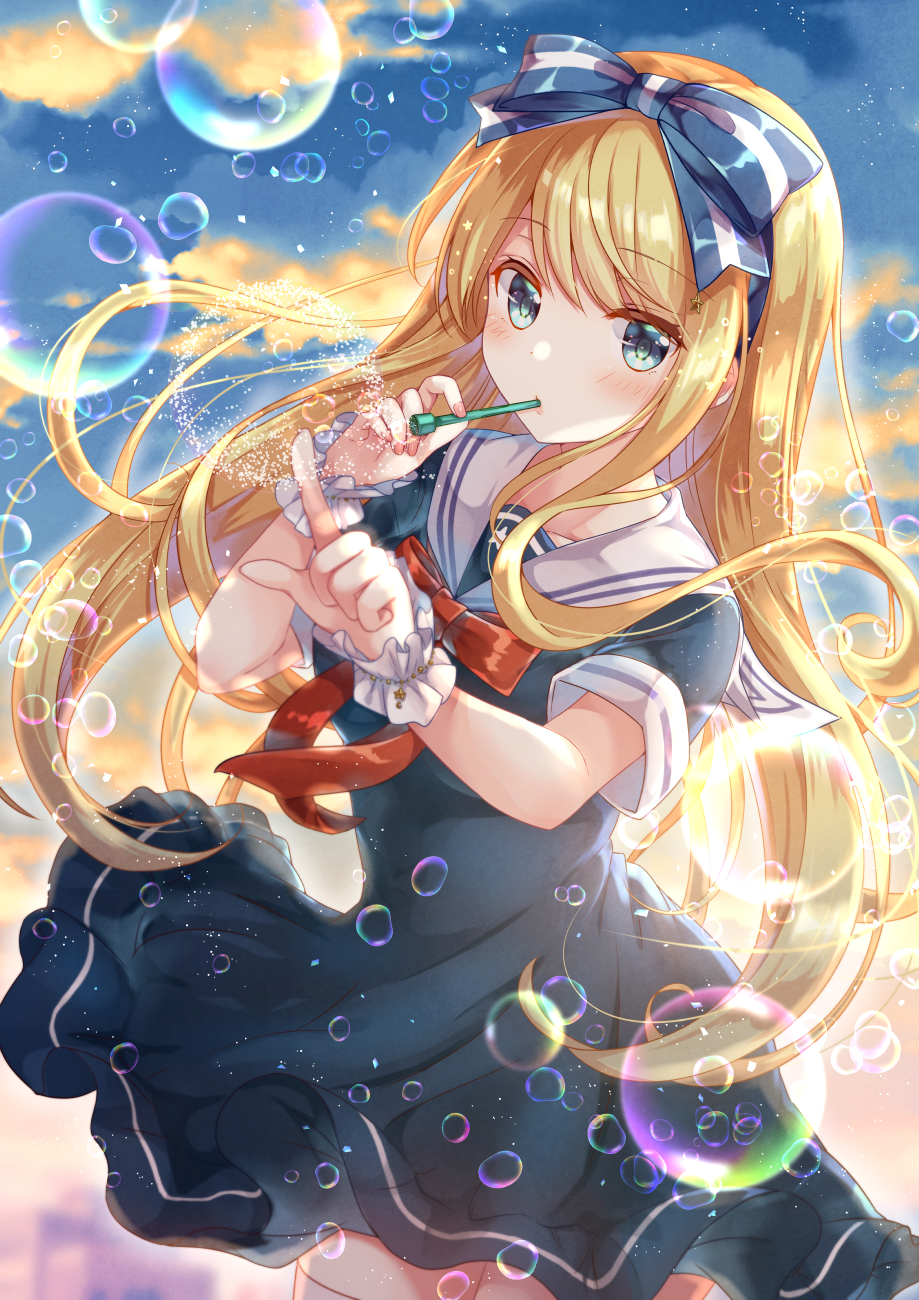 1girl, blonde_hair, blue_bow, blue_dress, blue_eyes, blush, bow, bubble