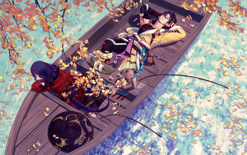 1boy, 1girl, absurdres, arms_up, asymmetrical_clothes, au_ra, beard, black_hair