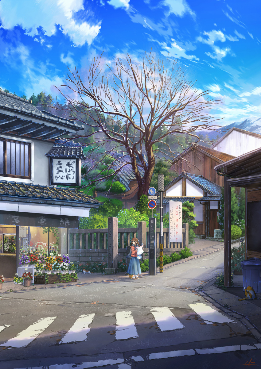 1girl, animal, bag, bare_tree, blue_sky, brown_hair, building, cat