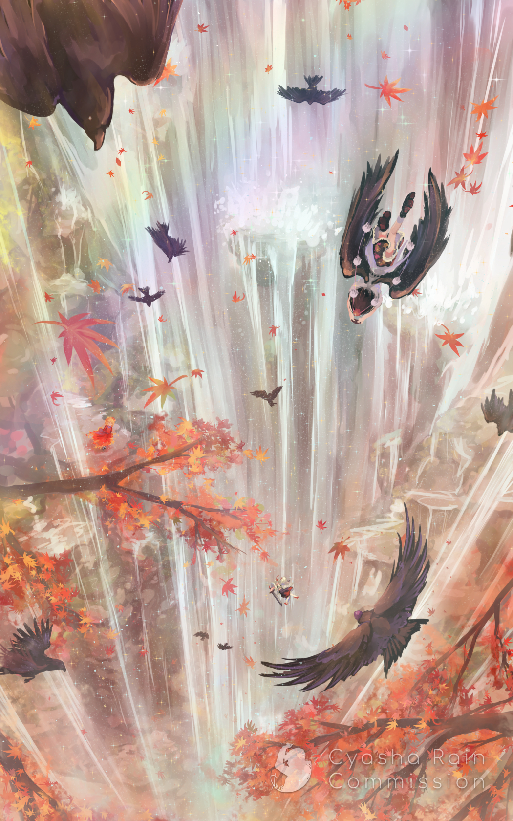 3girls, aki_shizuha, autumn, autumn_leaves, bird, black_hair, black_skirt, blonde_hair