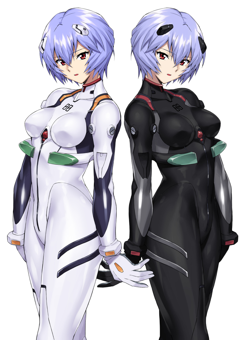 2girls, ayanami_rei, black_bodysuit, bnc_(bunshi), bodysuit, breasts, eyebrows_visible_through_hair, grey_hair, headgear, multiple_girls, neon_genesis_evangelion, plugsuit, rebuild_of_evangelion, red_eyes, short_hair, simple_background, small_breasts, white_background
