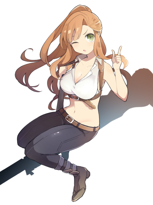 1girl, alternate_costume, alternate_hairstyle, bare_shoulders, black_pants, blush, breasts, brown_eyes, brown_hair, cleavage, collared_shirt, contemporary, cosplay, crop_top, eyebrows_visible_through_hair, from_above, full_body, granblue_fantasy, hair_ornament, large_breasts, long_hair, looking_at_viewer, midriff, miyashirorin, navel, one_eye_closed, open_mouth, pants, shirt, sidelocks, silva_(granblue_fantasy), silva_(granblue_fantasy)_(cosplay), sleeveless, sleeveless_shirt, solo, song_(granblue_fantasy), stomach, v-shaped_eyebrows