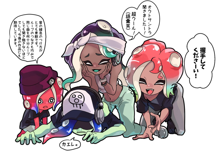 2boys, 2girls, :d, ^_^, agent_8, all_fours, aqua_hair, aqua_tongue, artist_request, bandanna, bare_shoulders, baseball_cap, beanie, black_shirt, blue_hair, closed_eyes, closed_mouth, crop_top, dark_skin, dark_skinned_male, dedf1sh, fang, furrowed_eyebrows, gradient_hair, green_hair, green_pants, green_skin, grey_pants, hands_on_own_cheeks, hands_on_own_face, hands_up, hat, headphones, highres, kneeling, long_hair, looking_at_another, marina_(splatoon), medium_hair, multicolored_hair, multiple_boys, multiple_girls, navel, octarian, off-shoulder_shirt, off_shoulder, open_mouth, pants, paul_(splatoon), piercing, pink_hair, purple_hair, purple_headwear, red_skin, redhead, sanitized_(splatoon), shirt, short_sleeves, simple_background, sleeveless, smile, source_request, speech_bubble, splatoon, splatoon_(series), splatoon_2, splatoon_2:_octo_expansion, suction_cups, t-shirt, teeth, tentacle_hair, tentacle_piercing, translation_request, two-tone_hair, warabi_(splatoon), watch, white_background