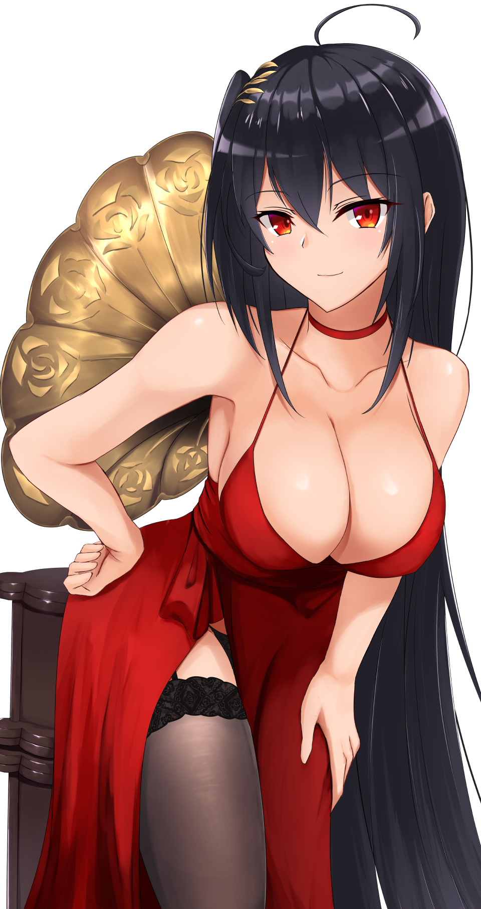 1girl, ahoge, azur_lane, black_hair, black_legwear, breasts, choker, cleavage