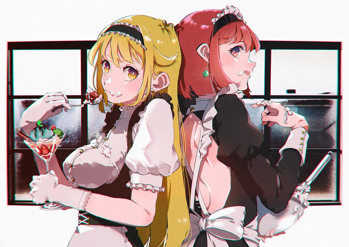 2girls, apron, back, back-to-back, back_cutout, backless_outfit, bangs, black_dress