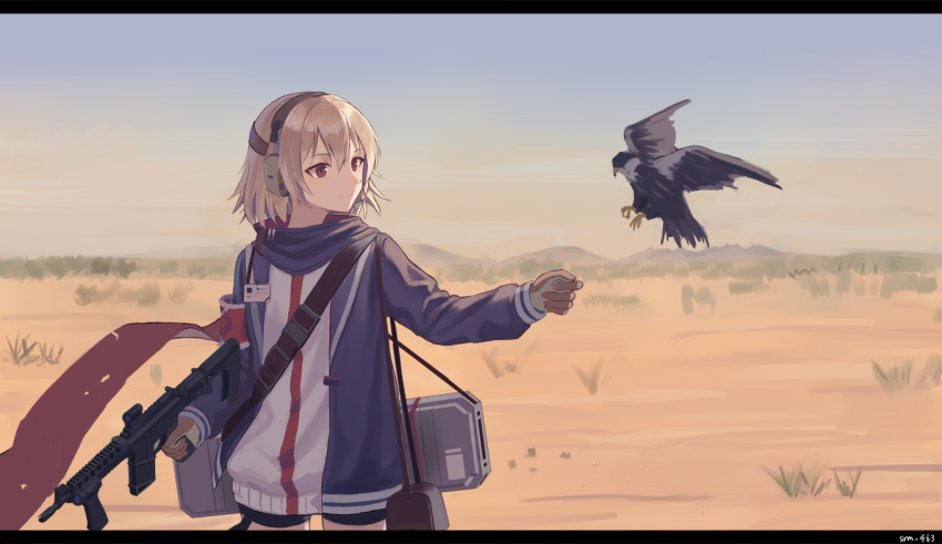 1girl, armband, artist_name, bag, bangs, bird, blonde_hair, brown_eyes