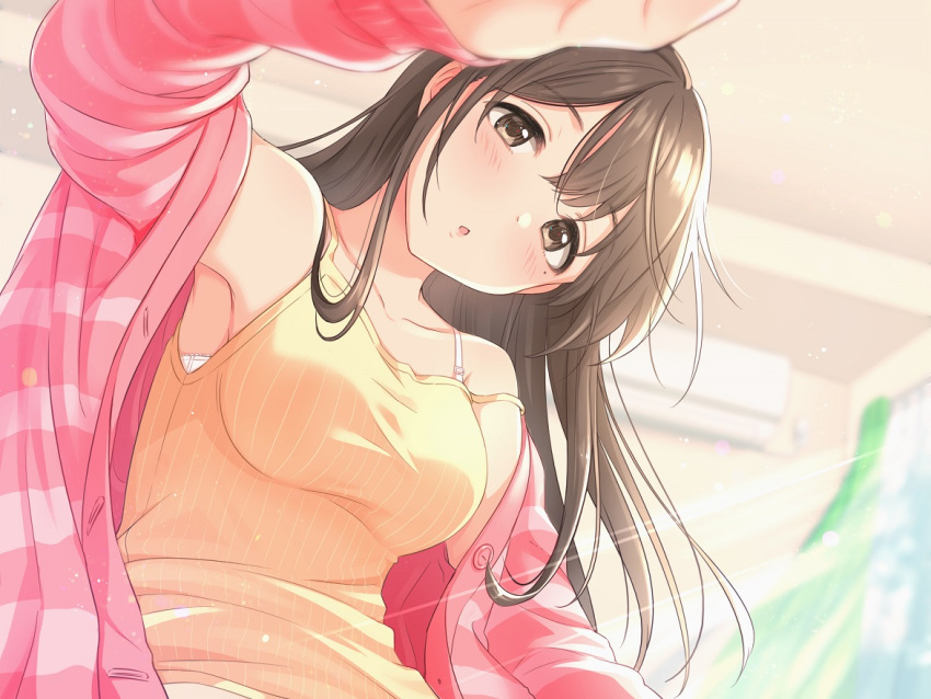 1girl, amagami_drop, blush, bra, bra_strap, brown_hair, chestnut_mouth, from_below, indoors, long_hair, looking_at_viewer, mole, mole_under_eye, official_art, shirt, sitting, solo, striped, tsukana_(saba_mizore), underwear, white_bra, yellow_shirt